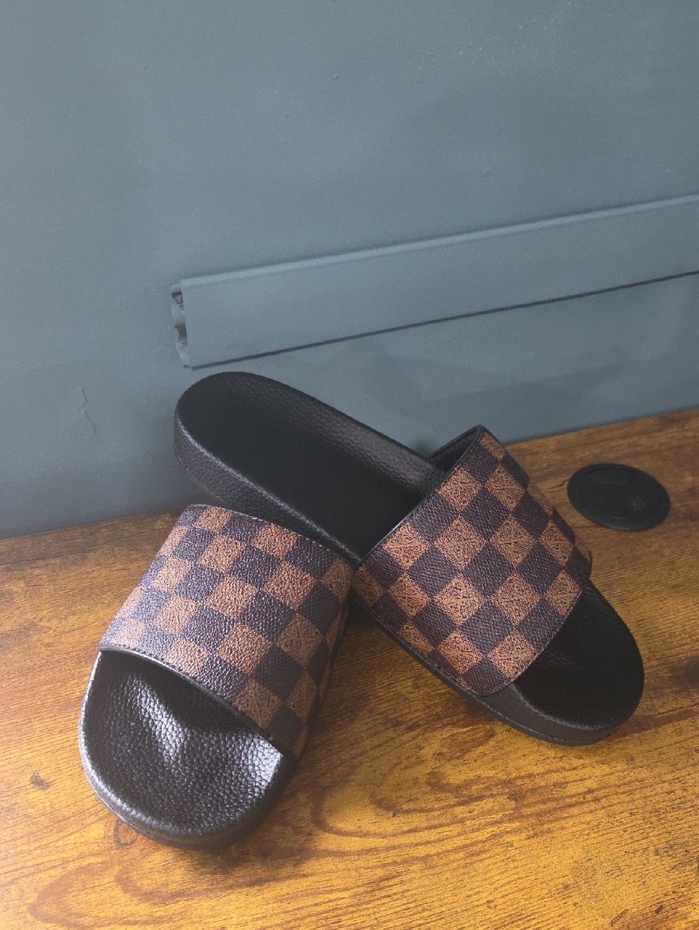 Brown Checkerboard Slide Sandals